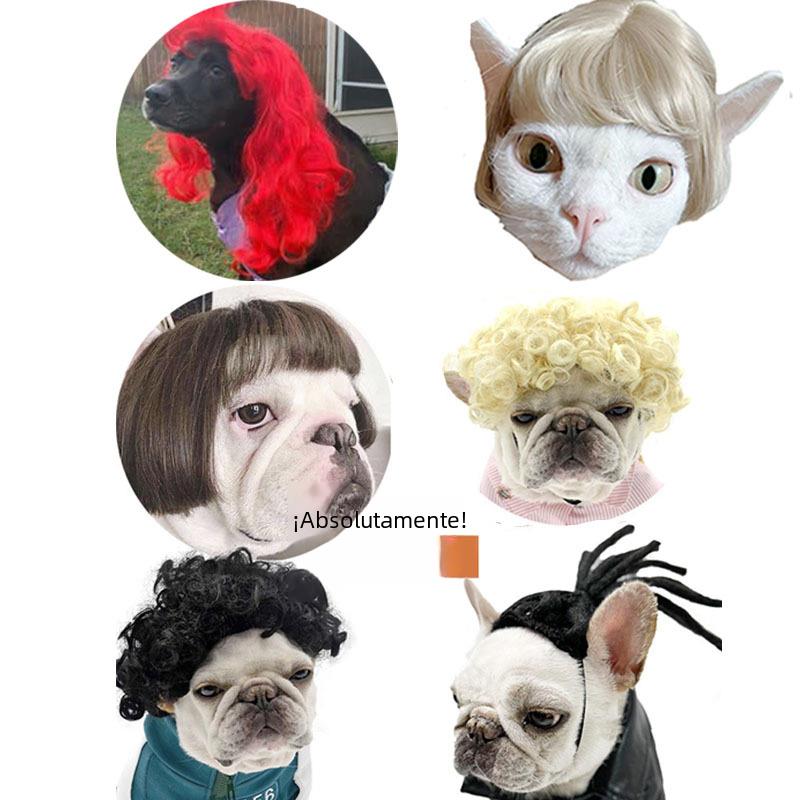 Peruca para animais de estimação, peruca para cães, cabelo encaracolado, cabelo liso, peruca de gato